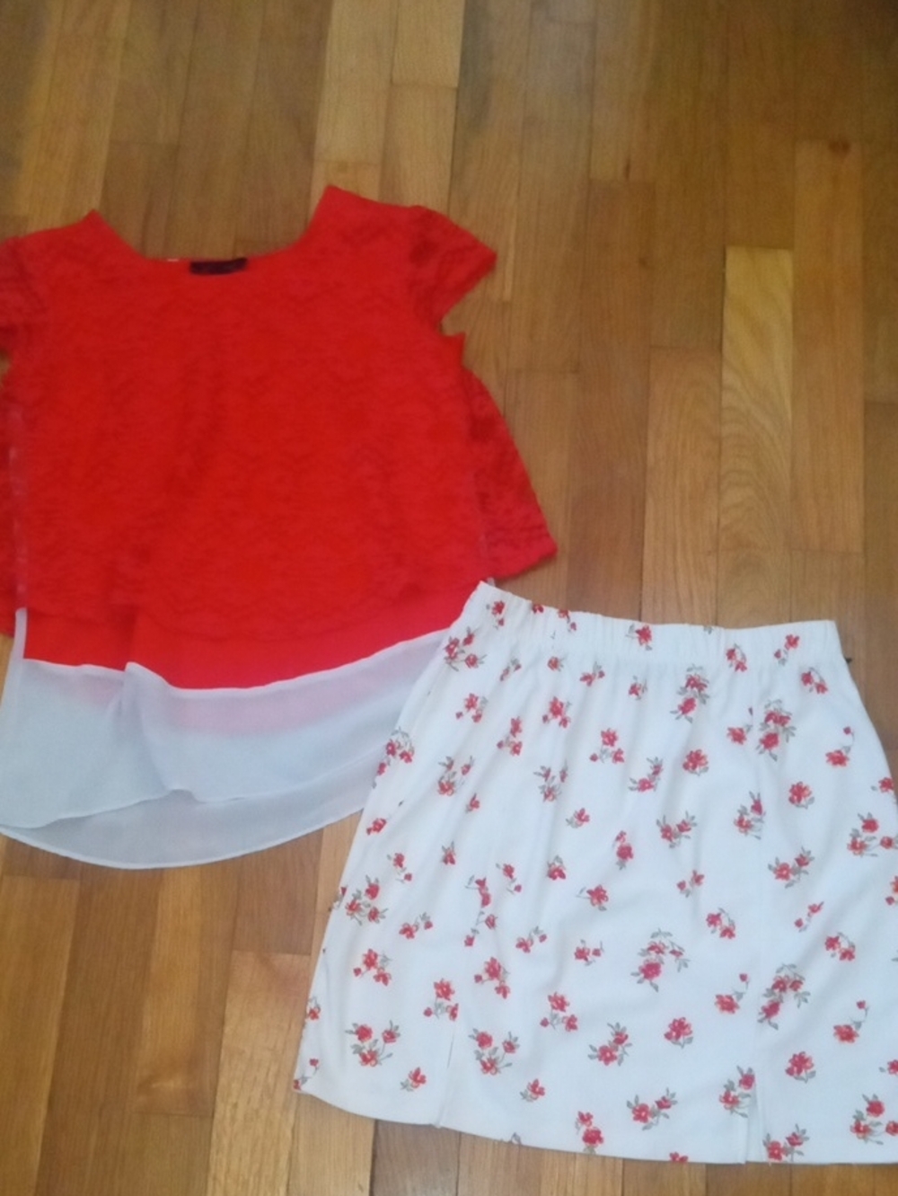 Girls XL Red Lace Layered Top and white skirt red flowers